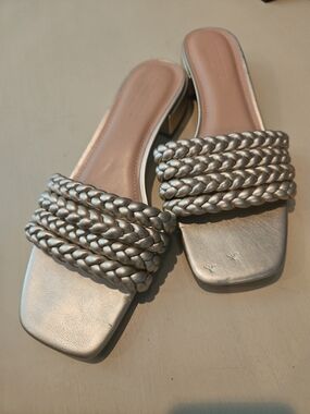 Braided Metallic Gold Slide Sandals for Women Memory Foam New No Box